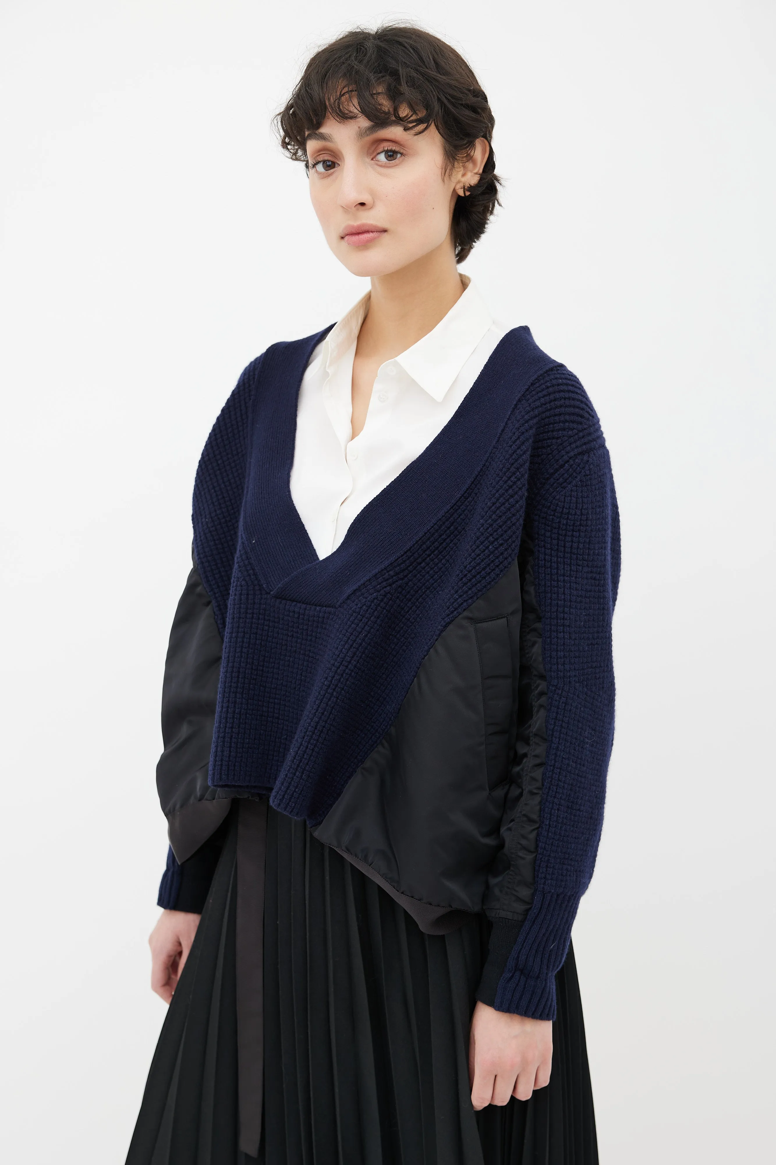 Blue Knit & Black Nylon Panel V-Neck Sweater