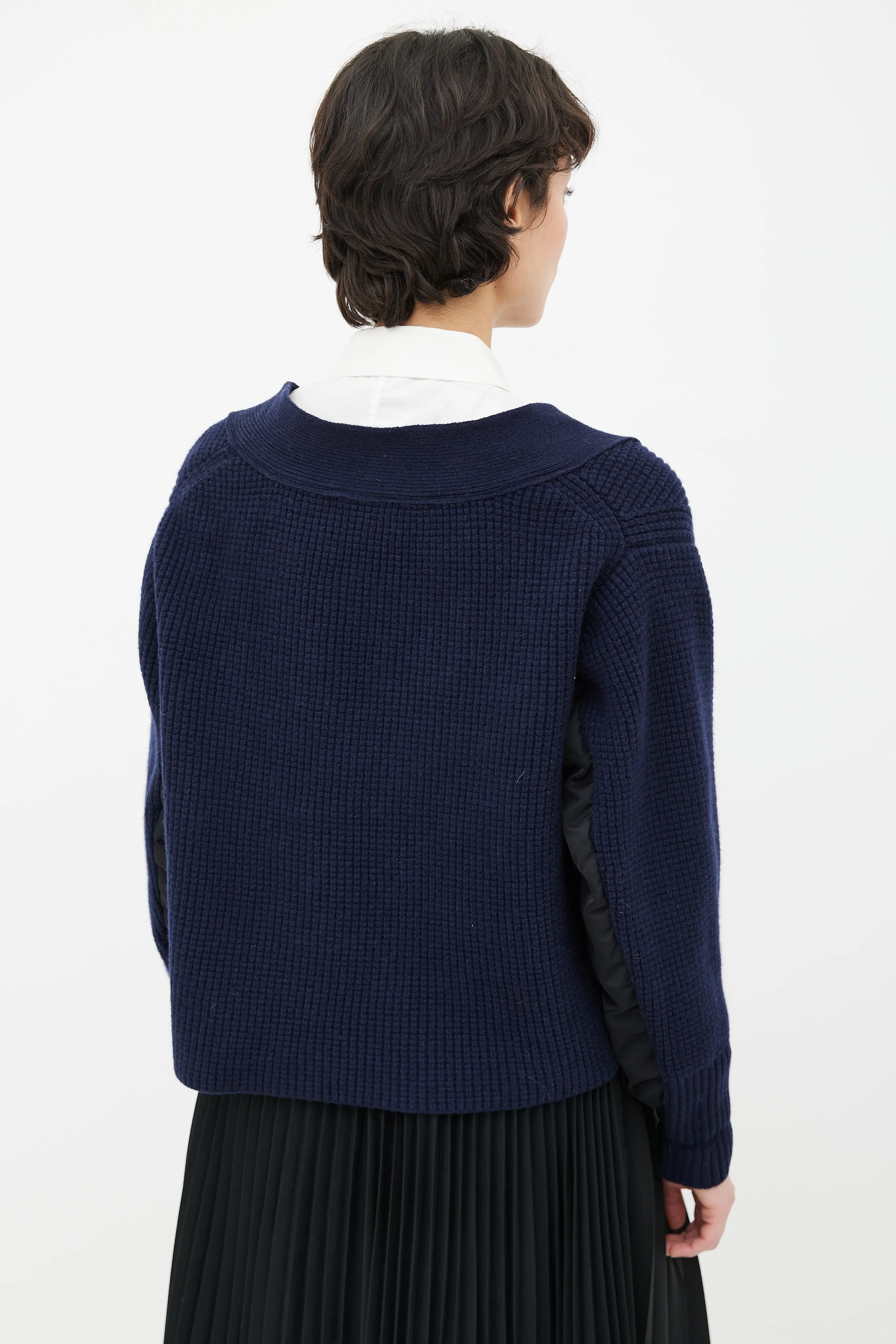 Blue Knit & Black Nylon Panel V-Neck Sweater