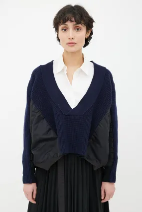 Blue Knit & Black Nylon Panel V-Neck Sweater