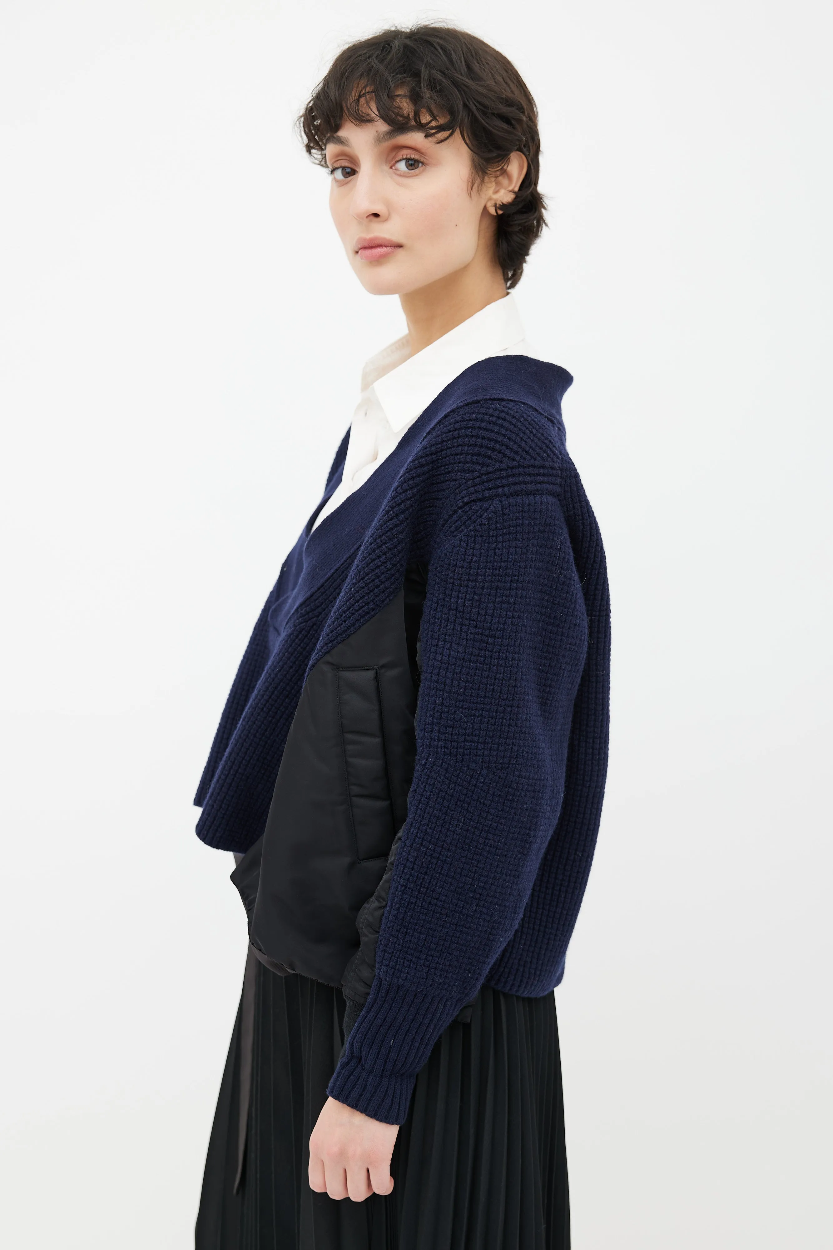 Blue Knit & Black Nylon Panel V-Neck Sweater
