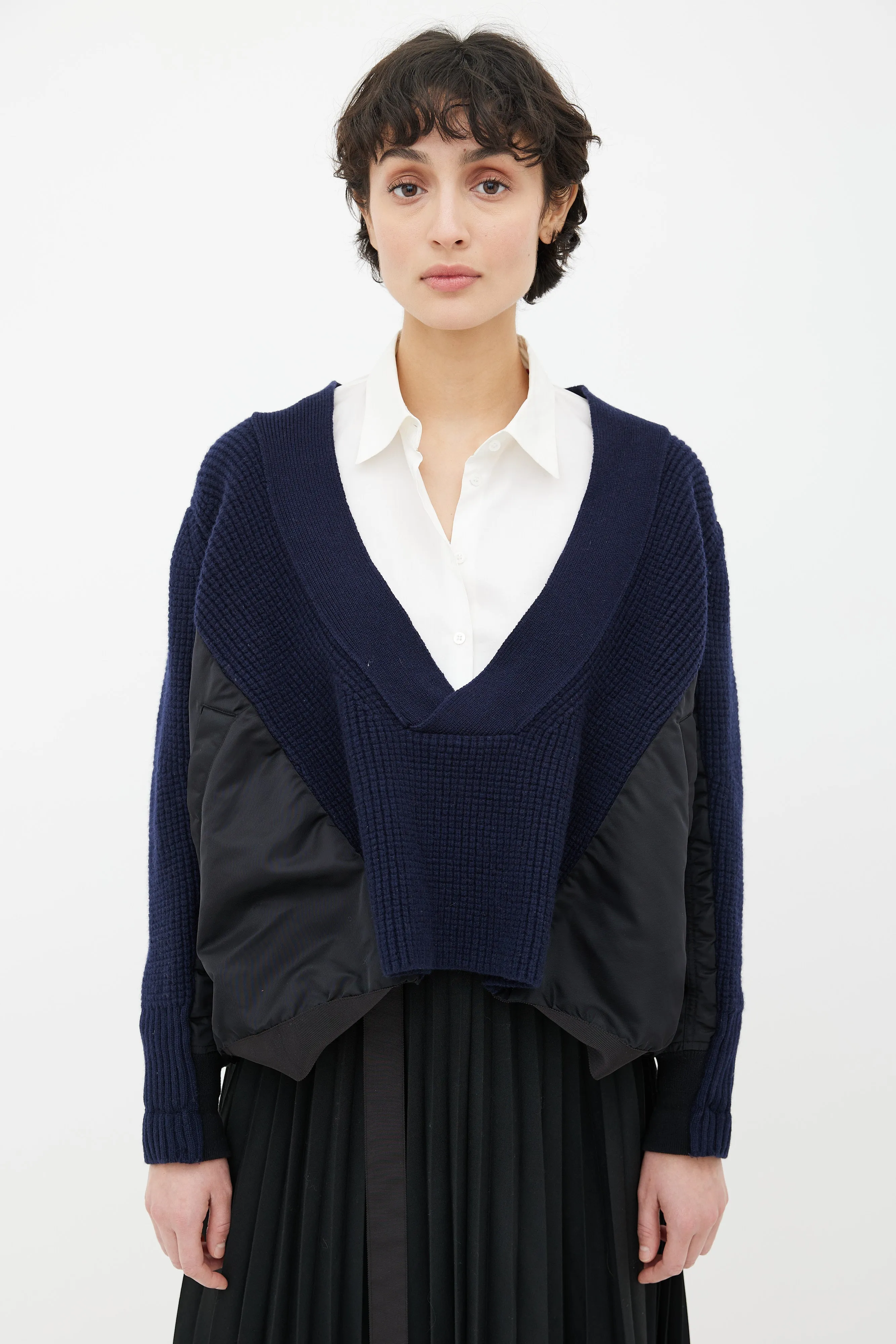 Blue Knit & Black Nylon Panel V-Neck Sweater