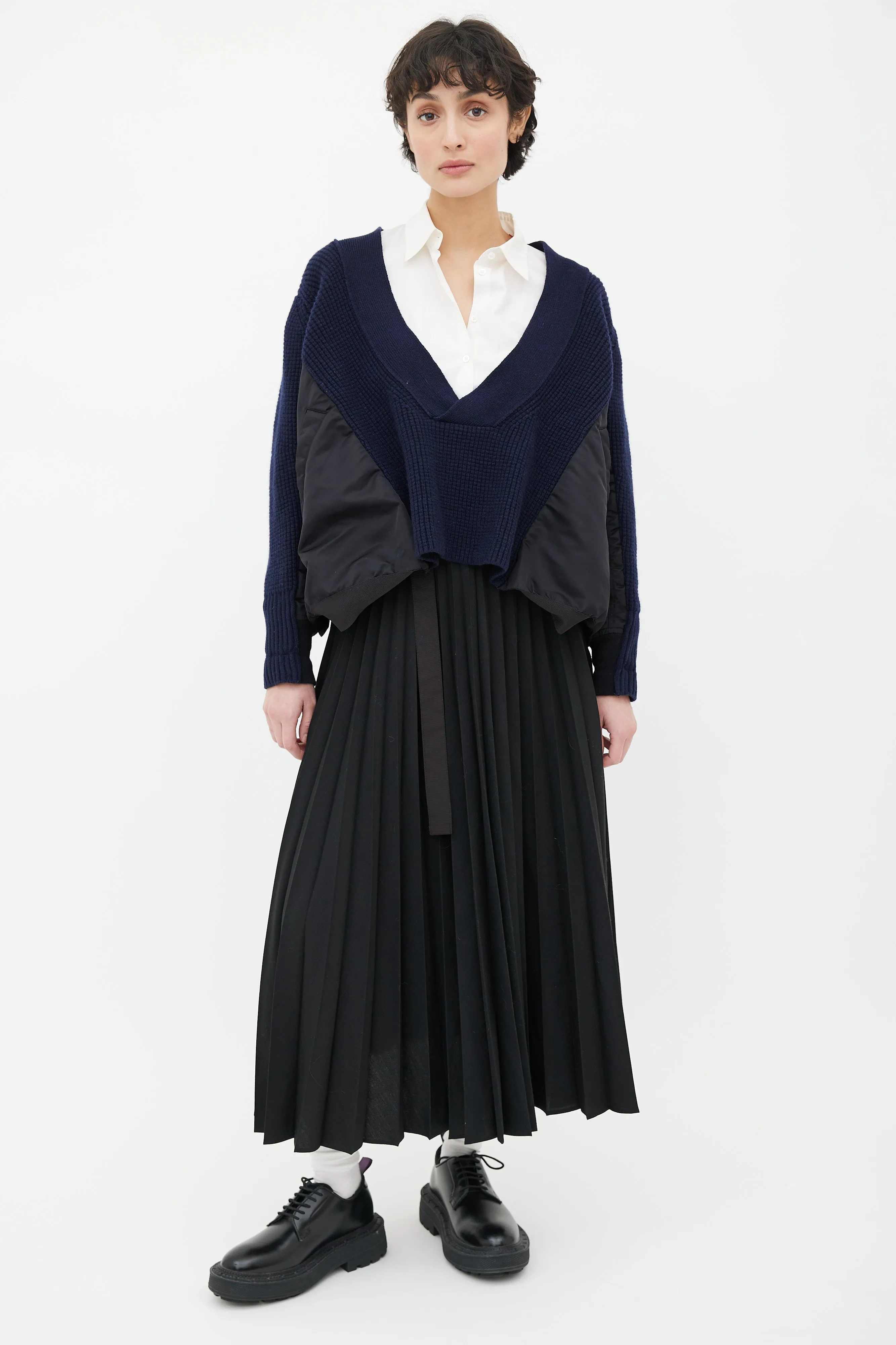 Blue Knit & Black Nylon Panel V-Neck Sweater
