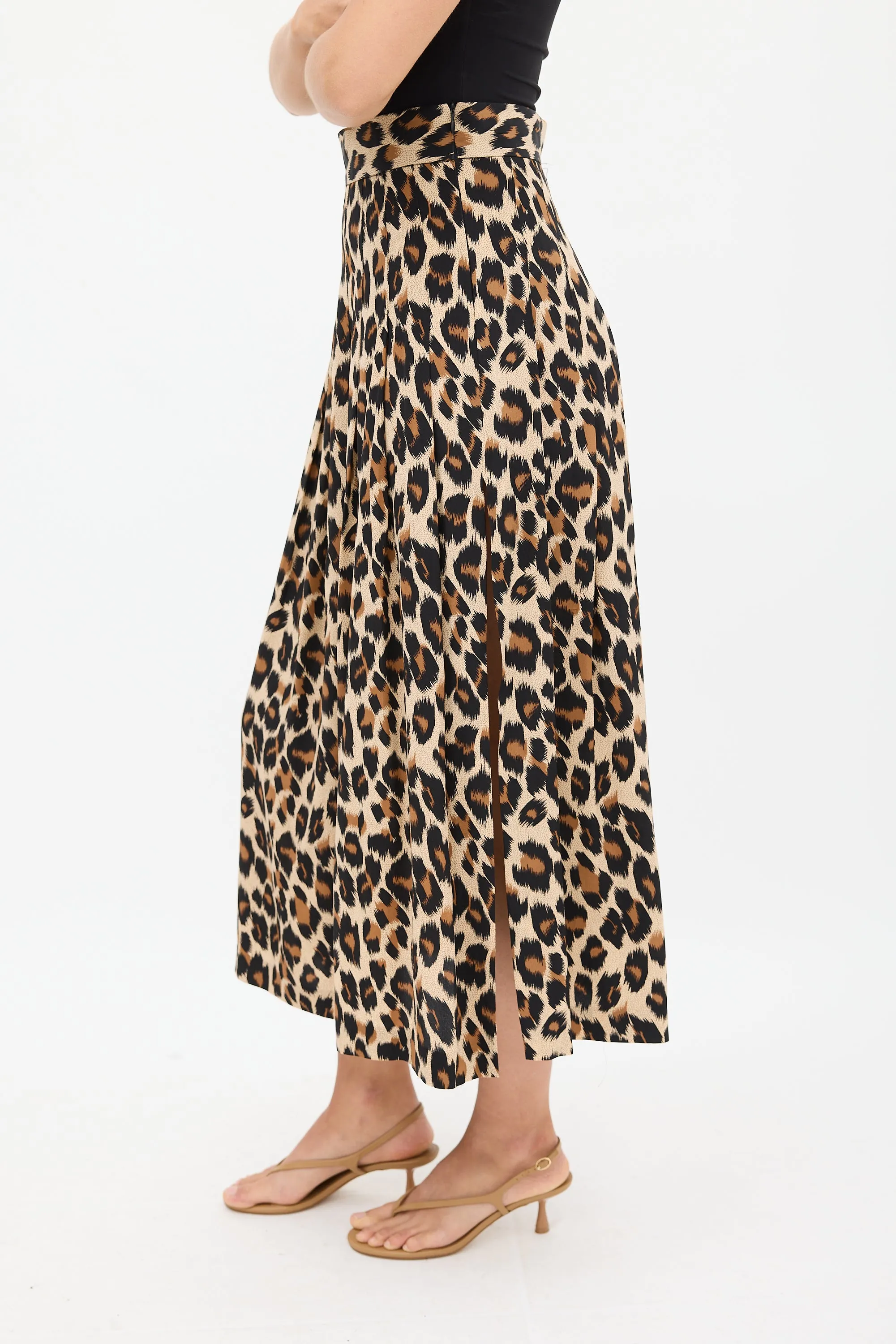 Brown & Black Silk Printed Midi Skirt