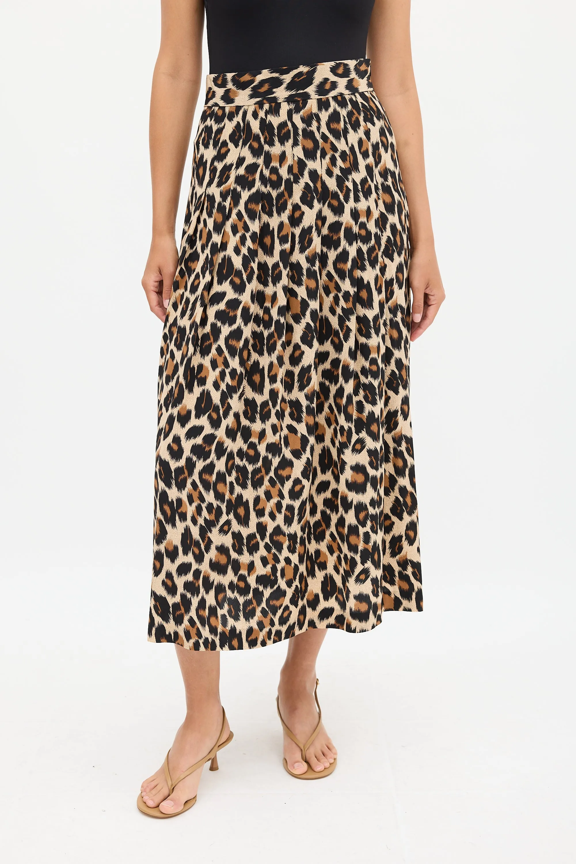 Brown & Black Silk Printed Midi Skirt