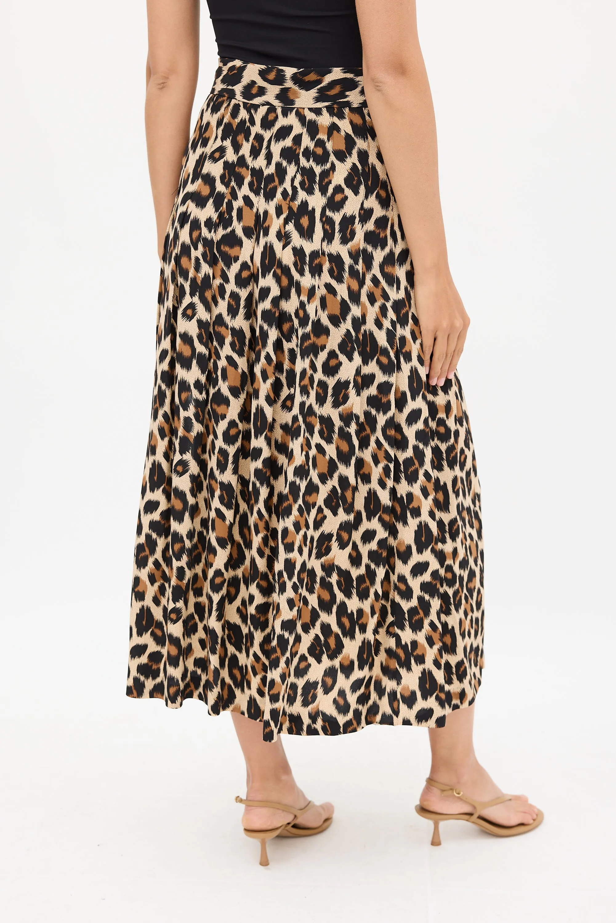Brown & Black Silk Printed Midi Skirt