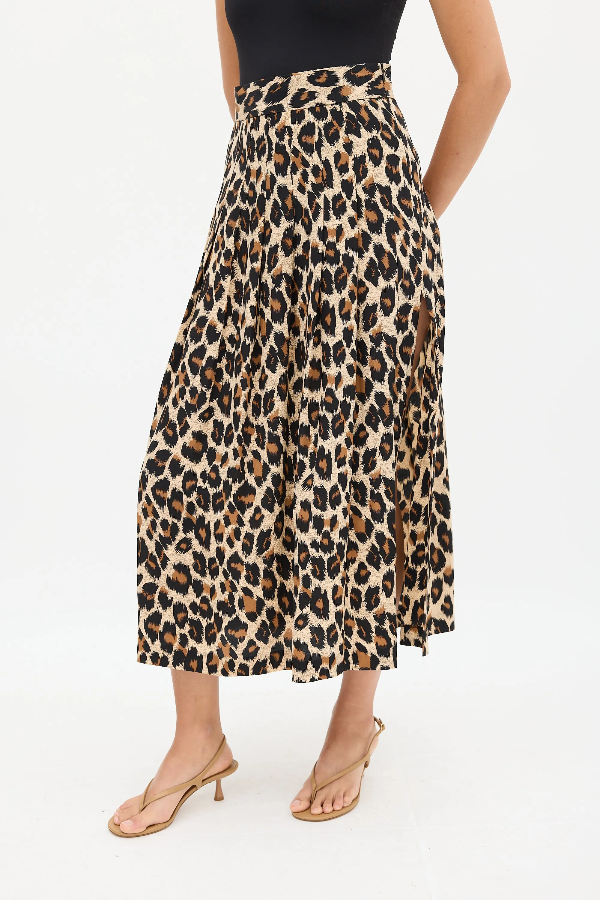 Brown & Black Silk Printed Midi Skirt