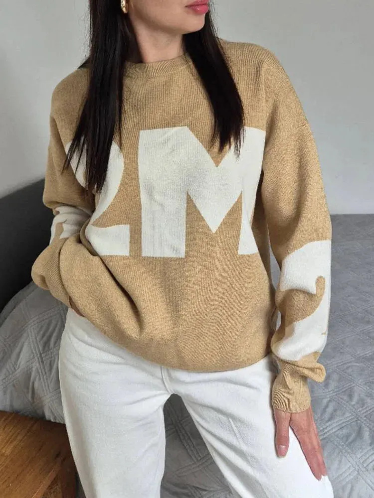 Cozy Navy Oversize Lettered Knit Sweater for Women Winter 2024