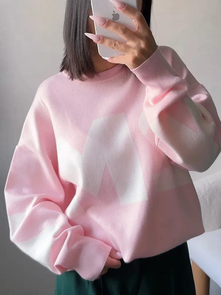 Cozy Navy Oversize Lettered Knit Sweater for Women Winter 2024