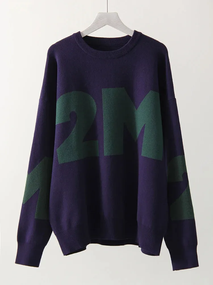 Cozy Navy Oversize Lettered Knit Sweater for Women Winter 2024