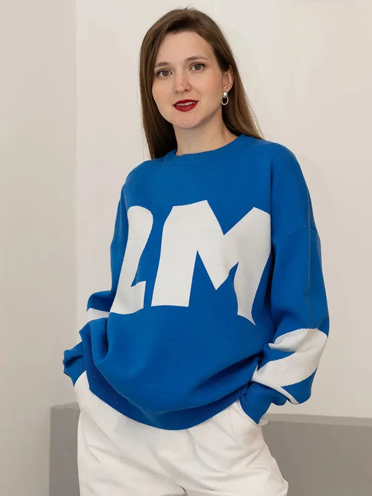 Cozy Navy Oversize Lettered Knit Sweater for Women Winter 2024
