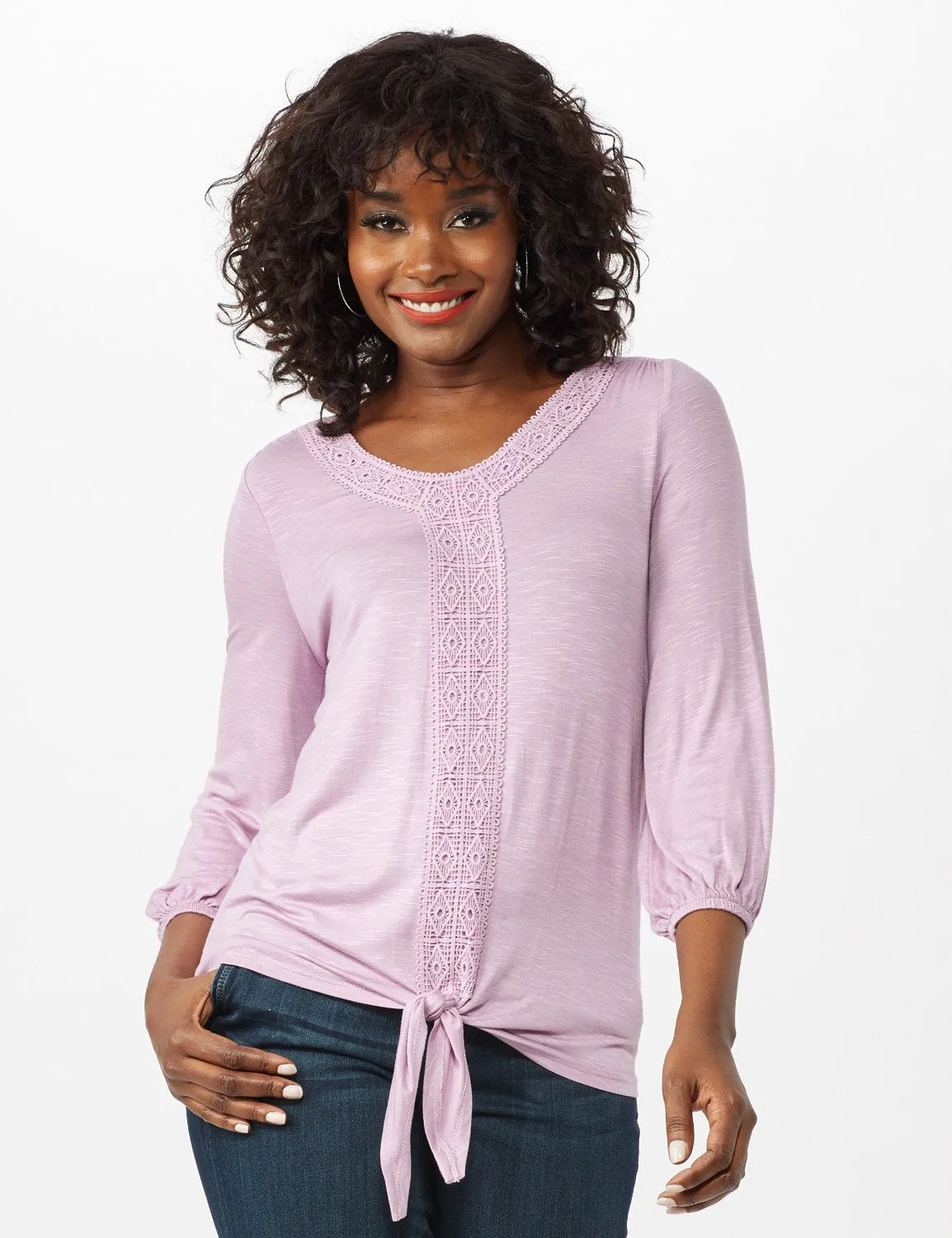 Crochet Trim Tie Front Knit Top