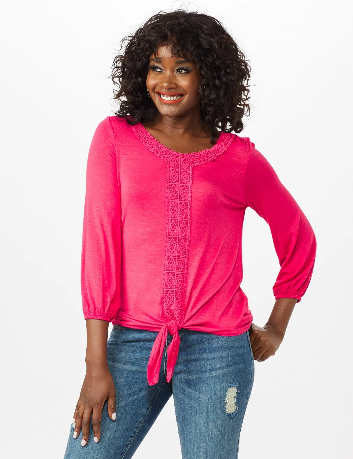 Crochet Trim Tie Front Knit Top