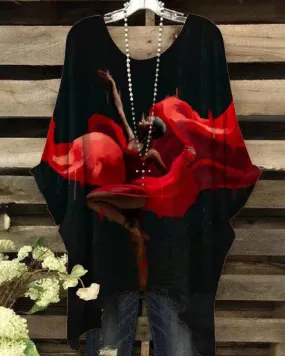 Elegant Dancing Brown Girl Print Irregular Shirt