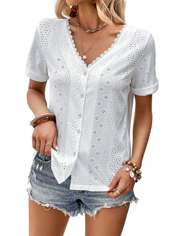 Elegant Eyelet Buttoned Blouse: V-Neck, Short Sleeves, Versatile Fit