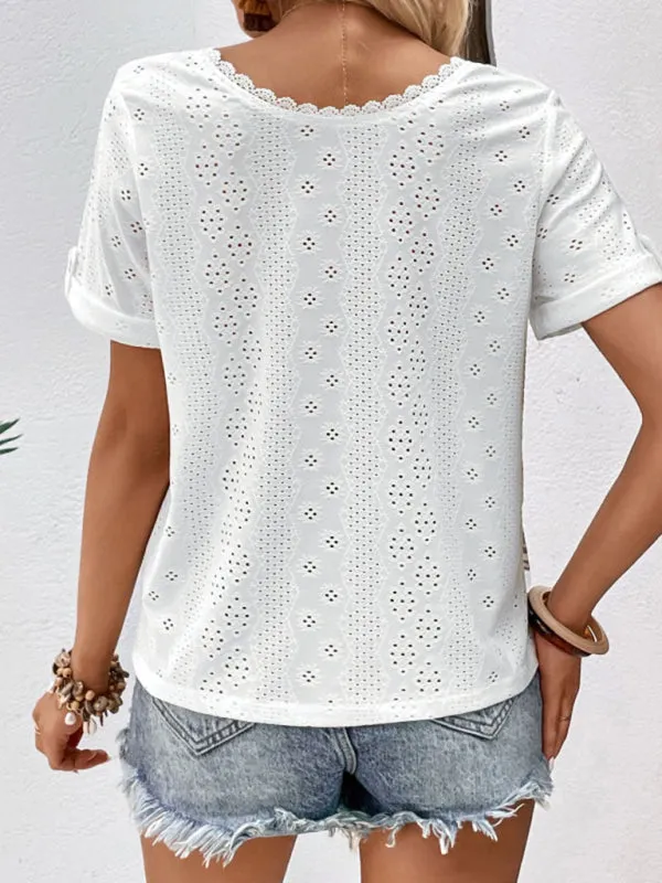 Elegant Eyelet Buttoned Blouse: V-Neck, Short Sleeves, Versatile Fit