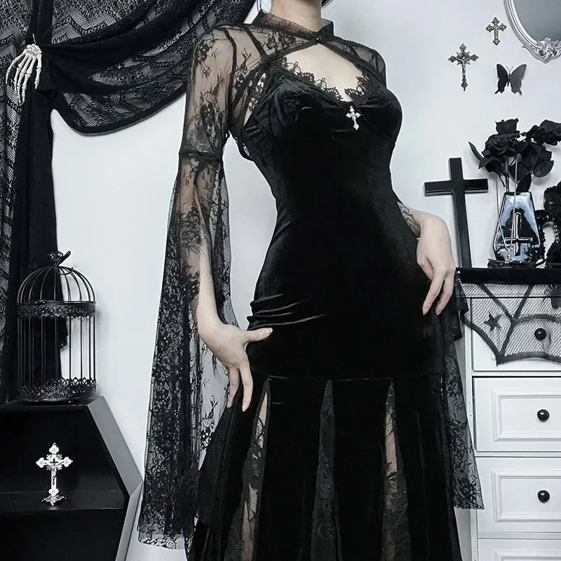 Elegant  Lace Flare Sleeve Goth Cover Blouse