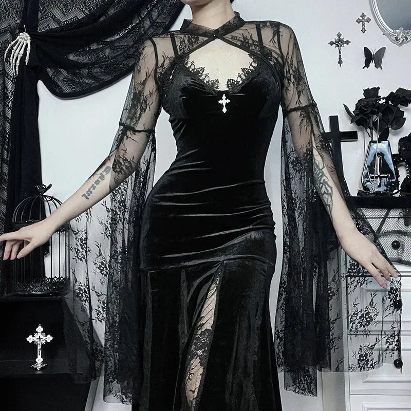 Elegant  Lace Flare Sleeve Goth Cover Blouse