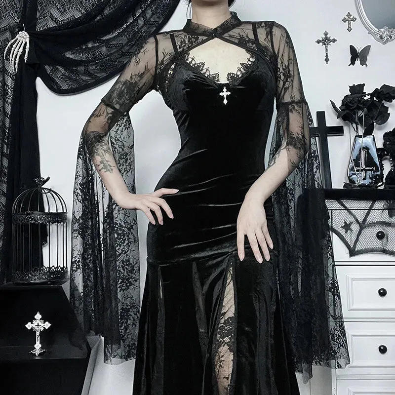 Elegant  Lace Flare Sleeve Goth Cover Blouse