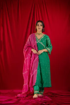 Green V Neck Kurta Set