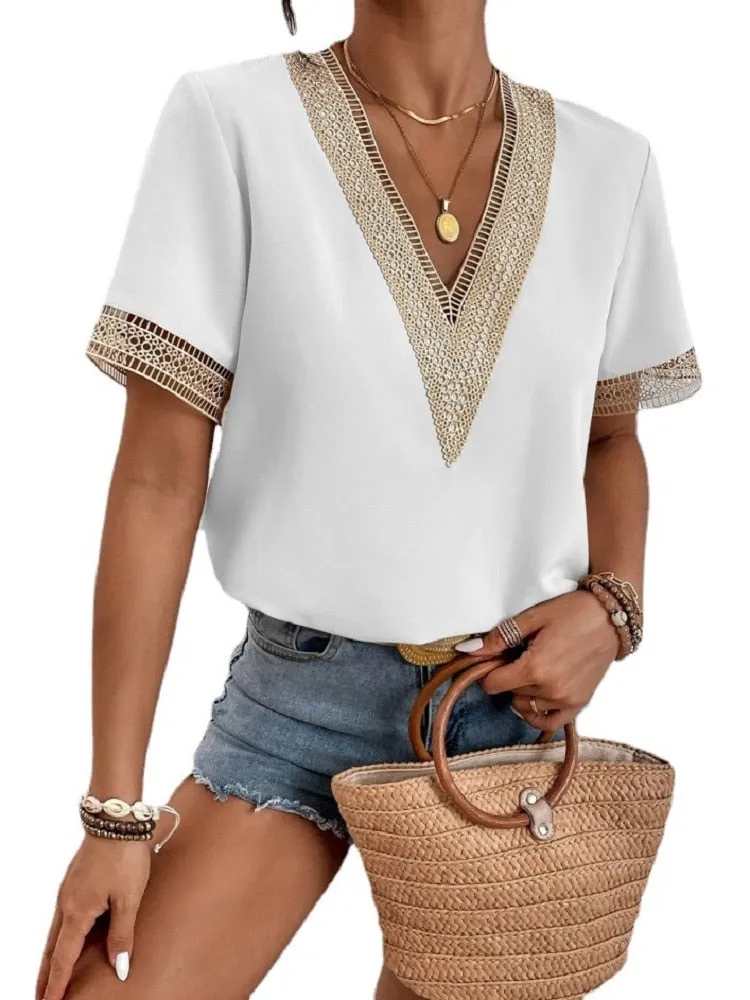 Hollow Out V-Neck Summer Blouse