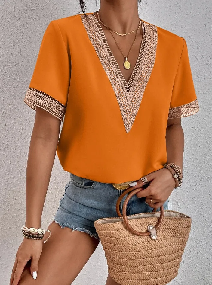 Hollow Out V-Neck Summer Blouse