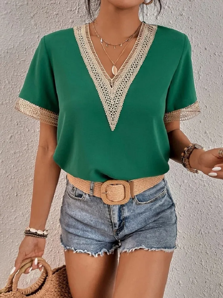 Hollow Out V-Neck Summer Blouse