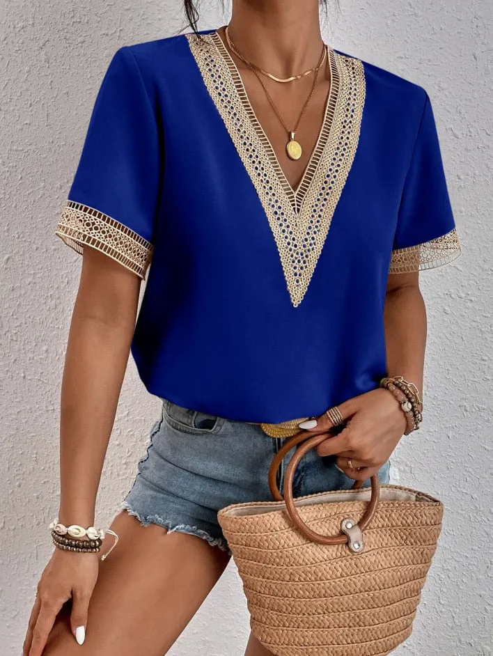 Hollow Out V-Neck Summer Blouse