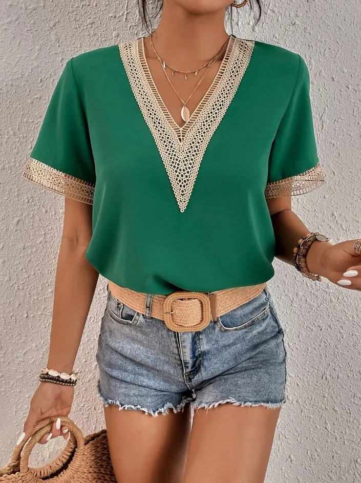 Hollow Out V-Neck Summer Blouse