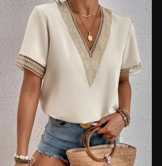 Hollow Out V-Neck Summer Blouse