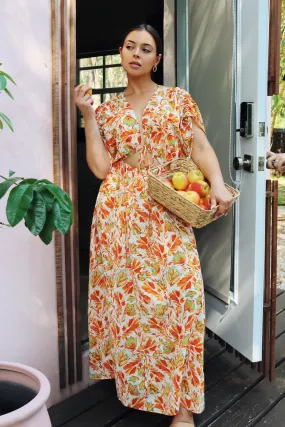 'Marguerite' Draped Cut Out Maxi Dress in Orange Print