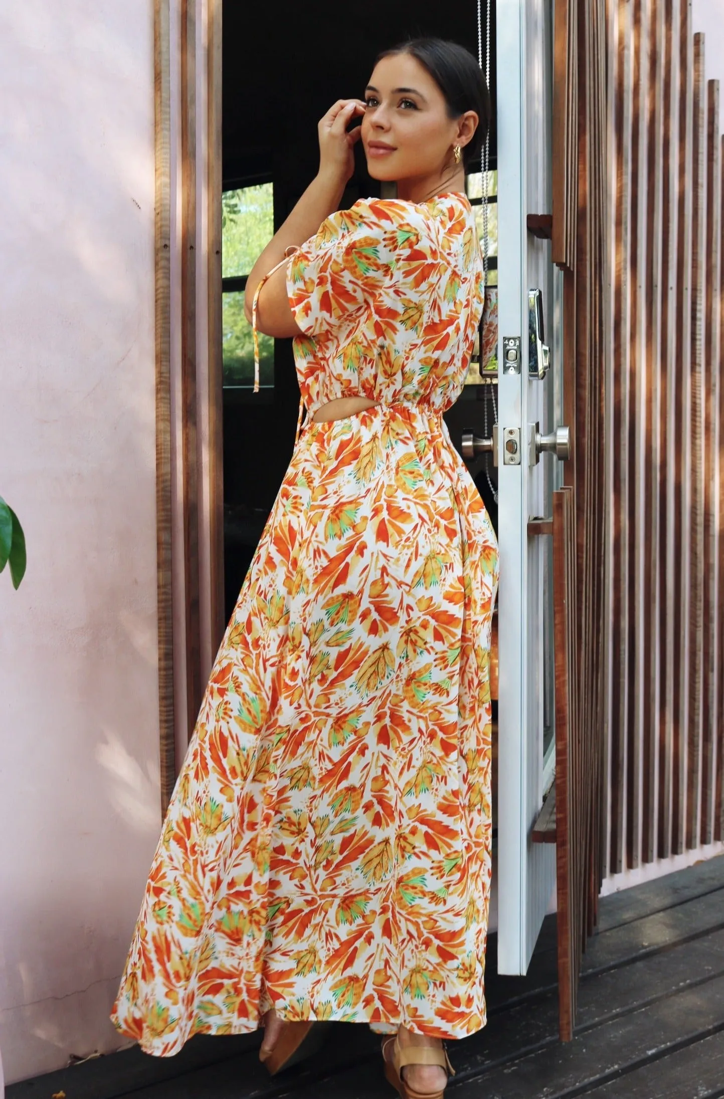'Marguerite' Draped Cut Out Maxi Dress in Orange Print