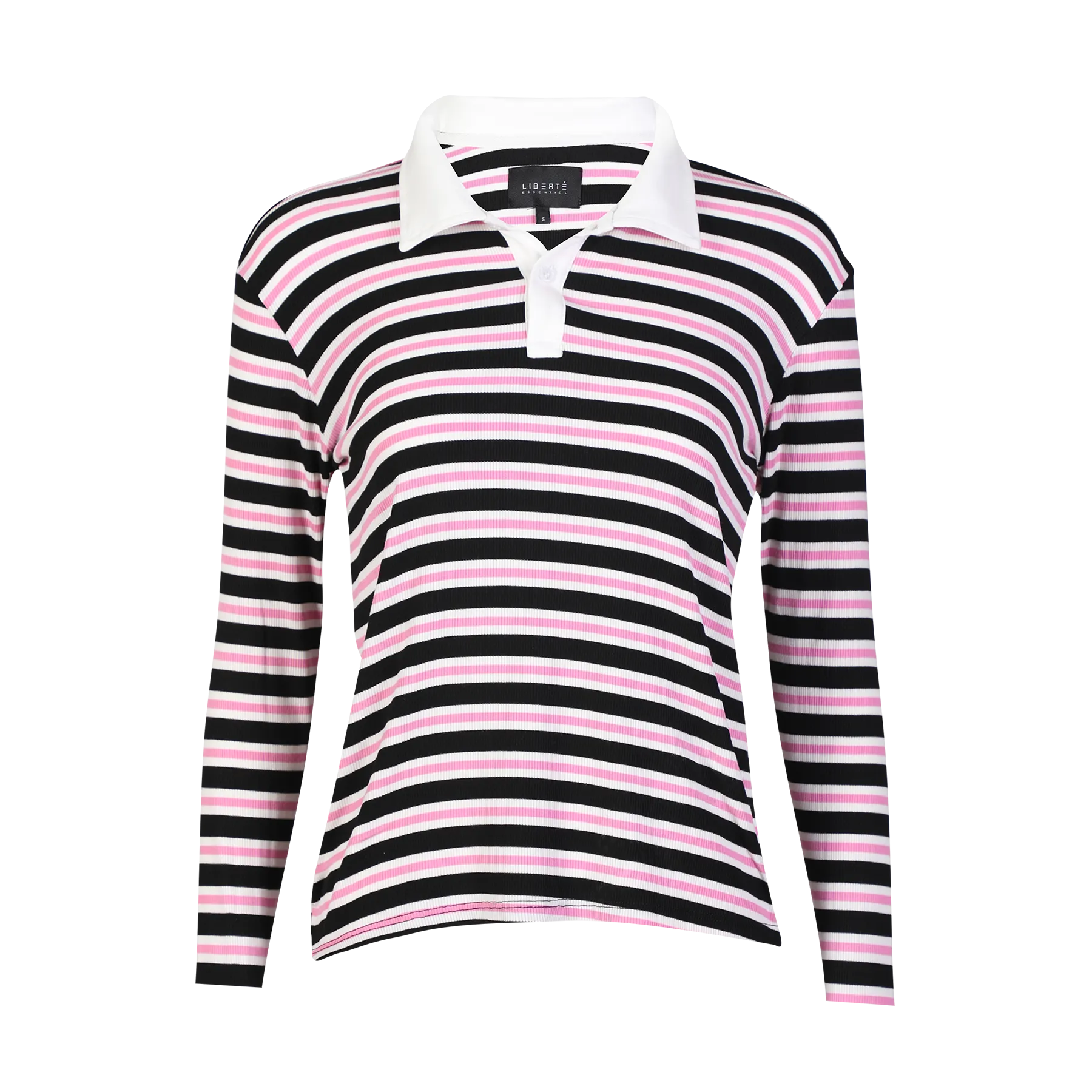NATALIA-LS-POLO-BLOUSE - BLACK BUBBLEGUM WHITE STRIPE