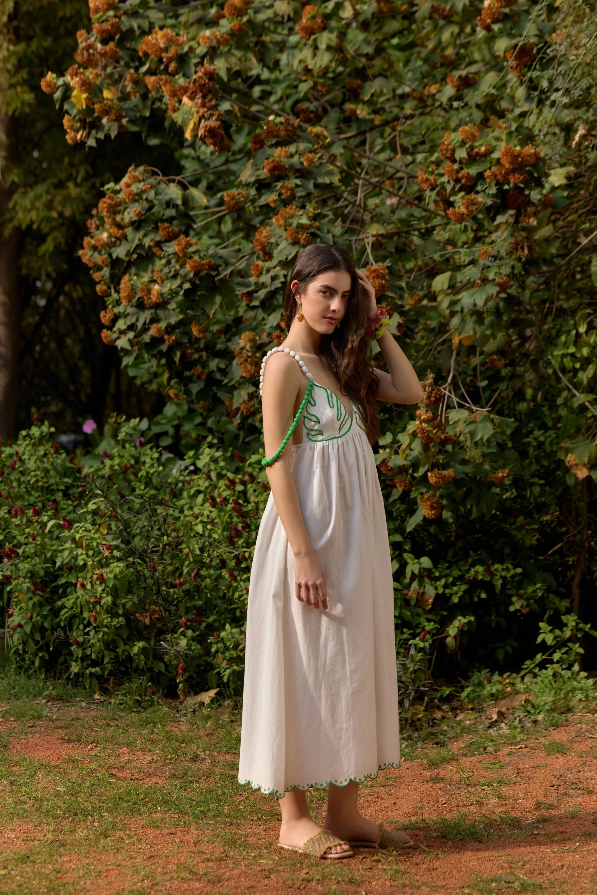 Palm Leaf Embroidered Midi Dress