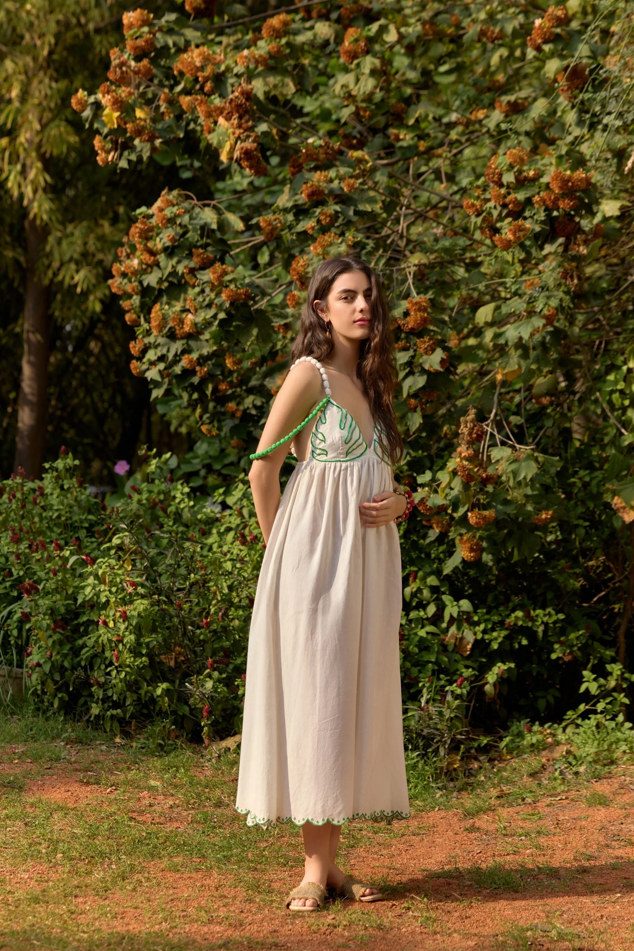 Palm Leaf Embroidered Midi Dress