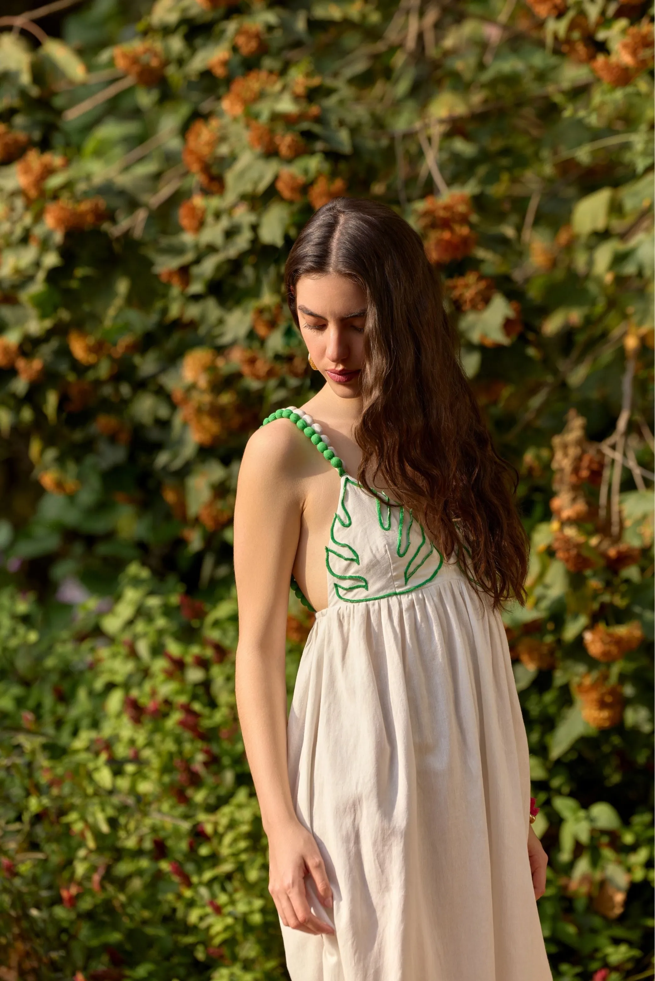 Palm Leaf Embroidered Midi Dress