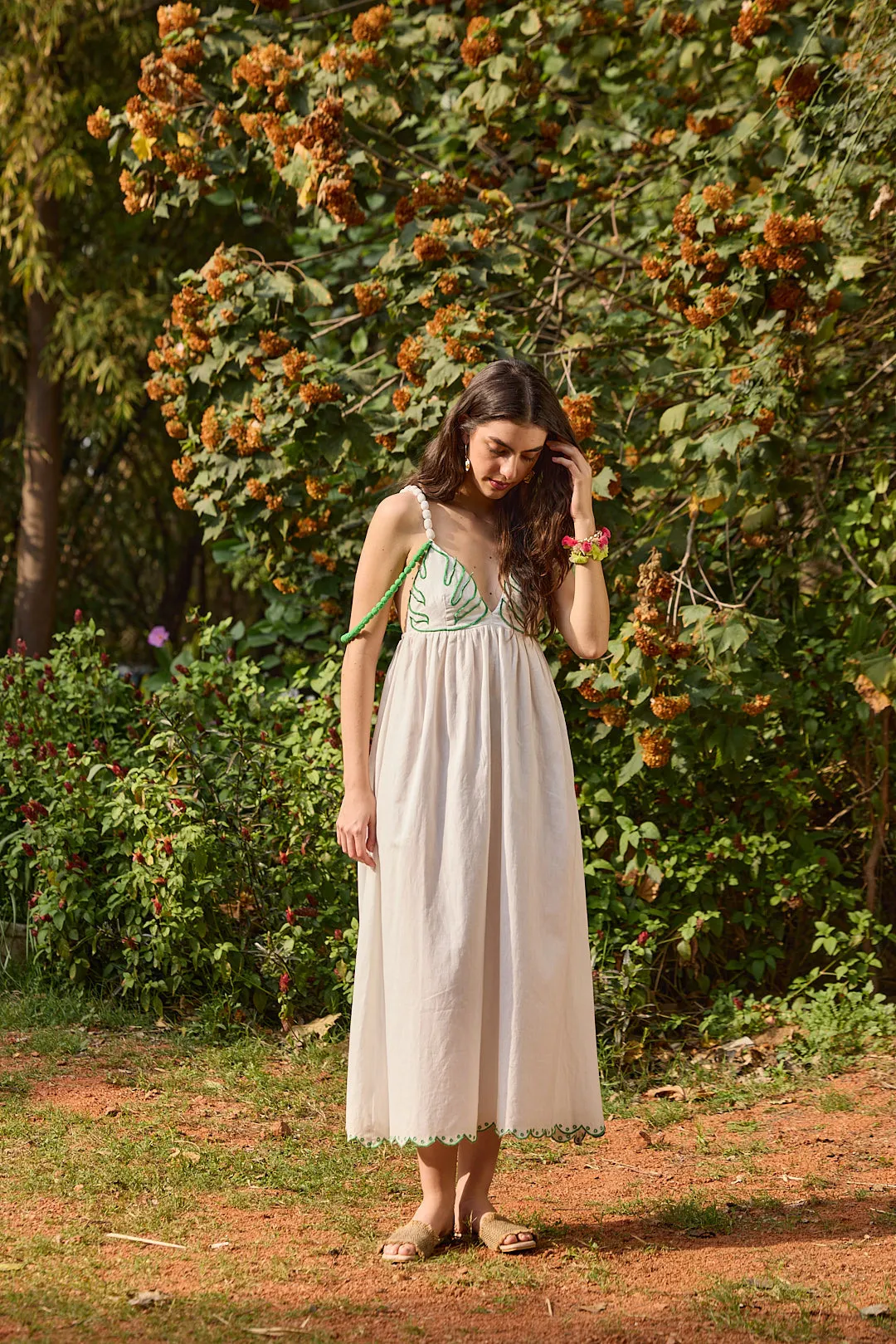 Palm Leaf Embroidered Midi Dress