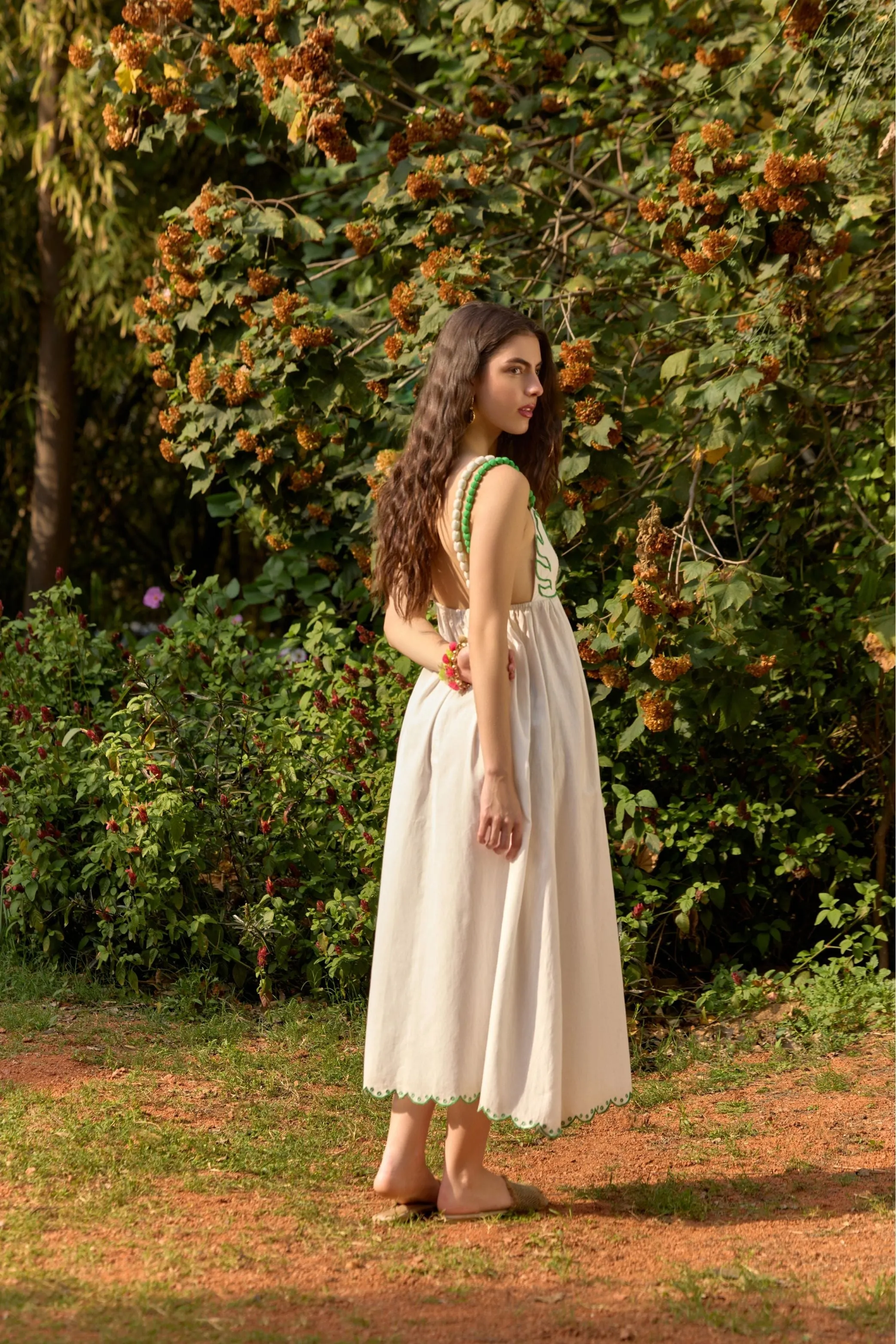 Palm Leaf Embroidered Midi Dress