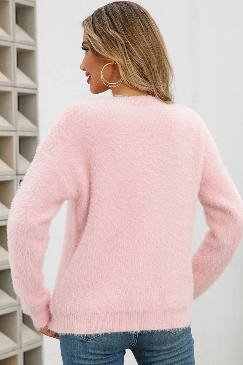 Pink Fuzzy Round Neck Sweater