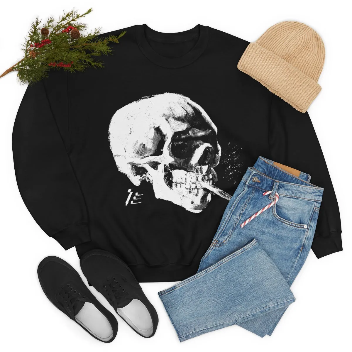 Skull With Burning Cigarette B&W - Van Gogh Tribute | Pop Art Sweatshirt