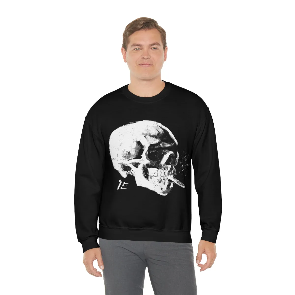 Skull With Burning Cigarette B&W - Van Gogh Tribute | Pop Art Sweatshirt