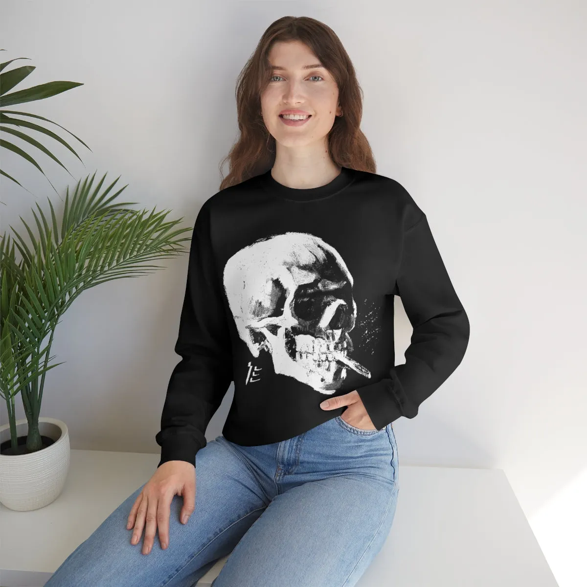 Skull With Burning Cigarette B&W - Van Gogh Tribute | Pop Art Sweatshirt