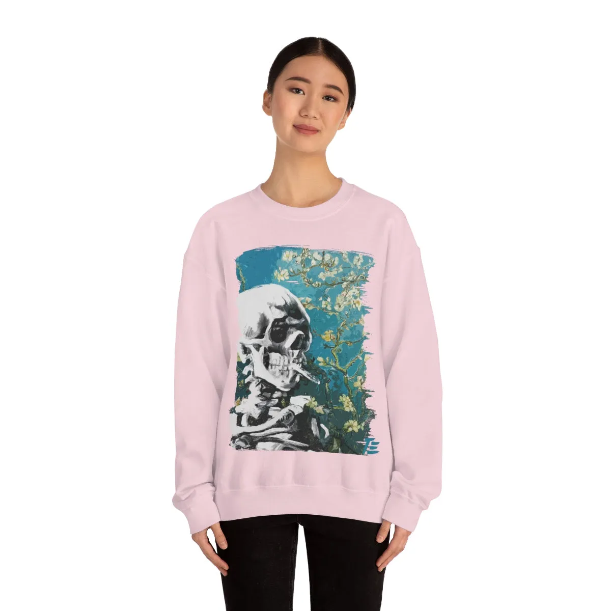 Skull With Burning Cigarette on Cherry Blossom - Van Gogh Tribute | Art Freak Sweatshirt