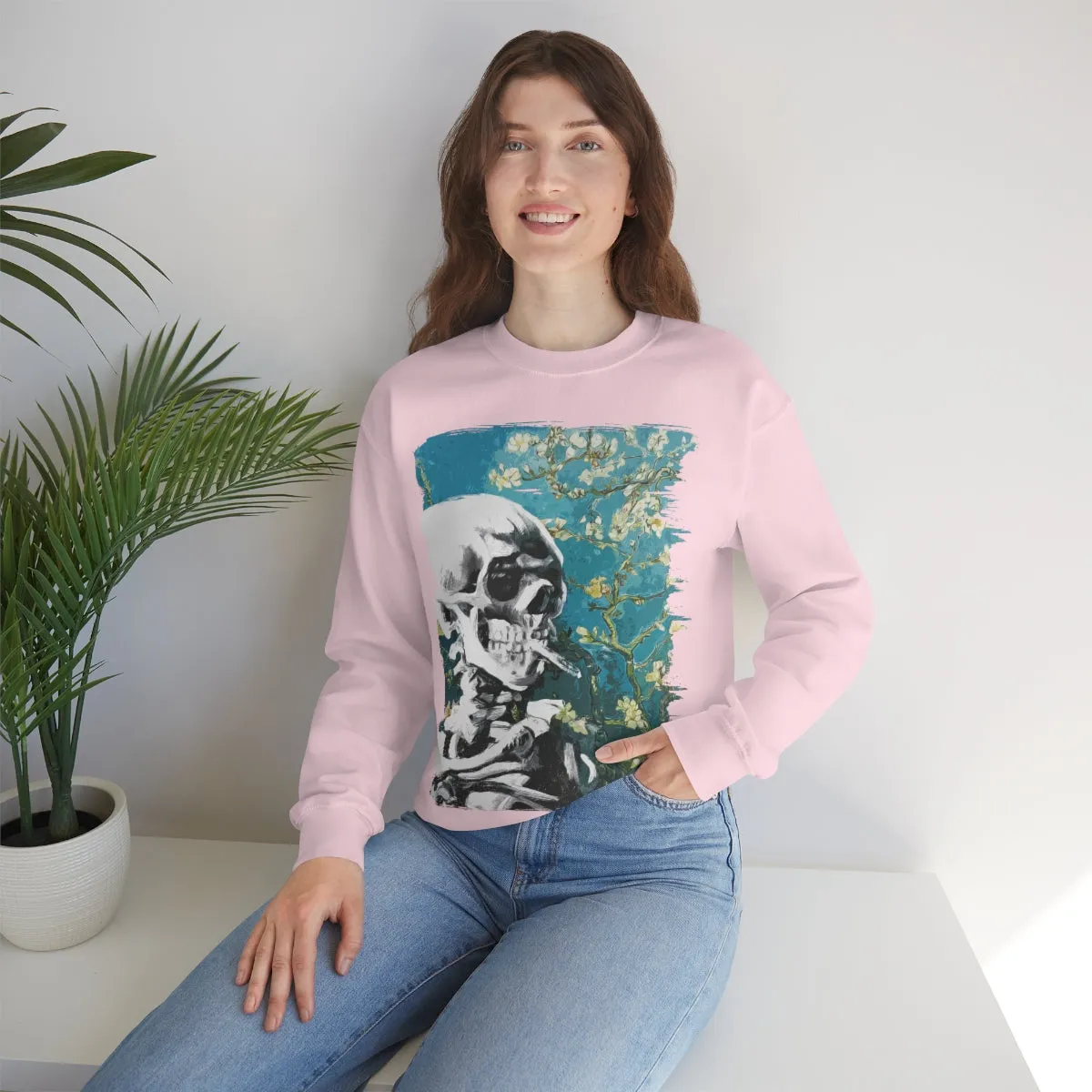 Skull With Burning Cigarette on Cherry Blossom - Van Gogh Tribute | Art Freak Sweatshirt