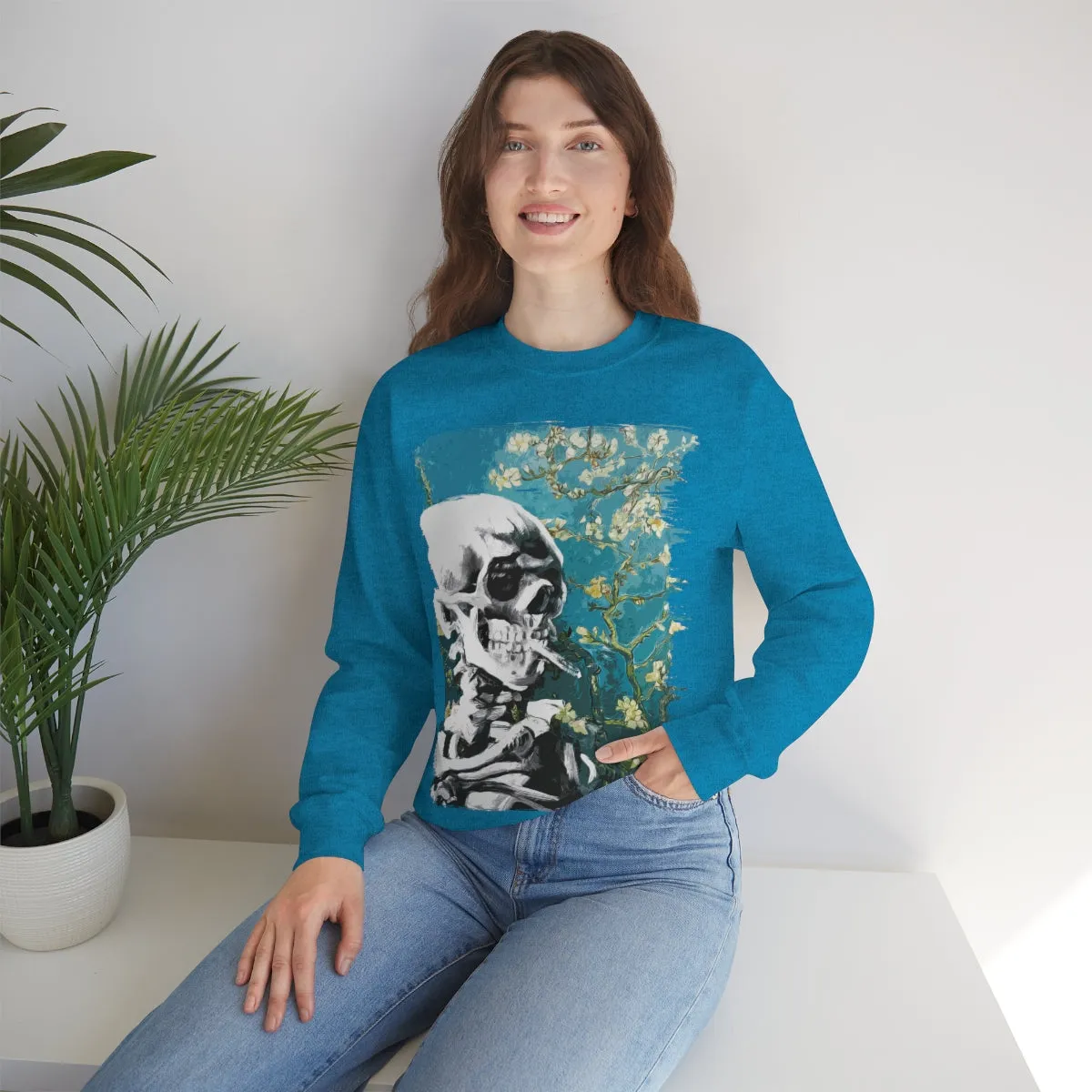 Skull With Burning Cigarette on Cherry Blossom - Van Gogh Tribute | Art Freak Sweatshirt