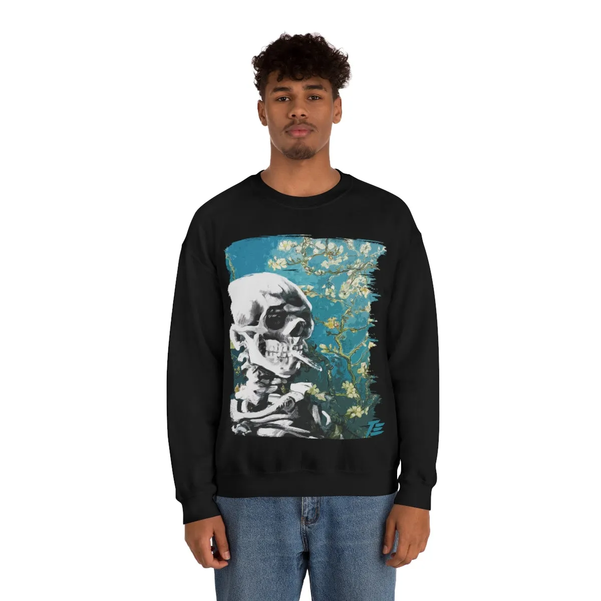 Skull With Burning Cigarette on Cherry Blossom - Van Gogh Tribute | Art Freak Sweatshirt