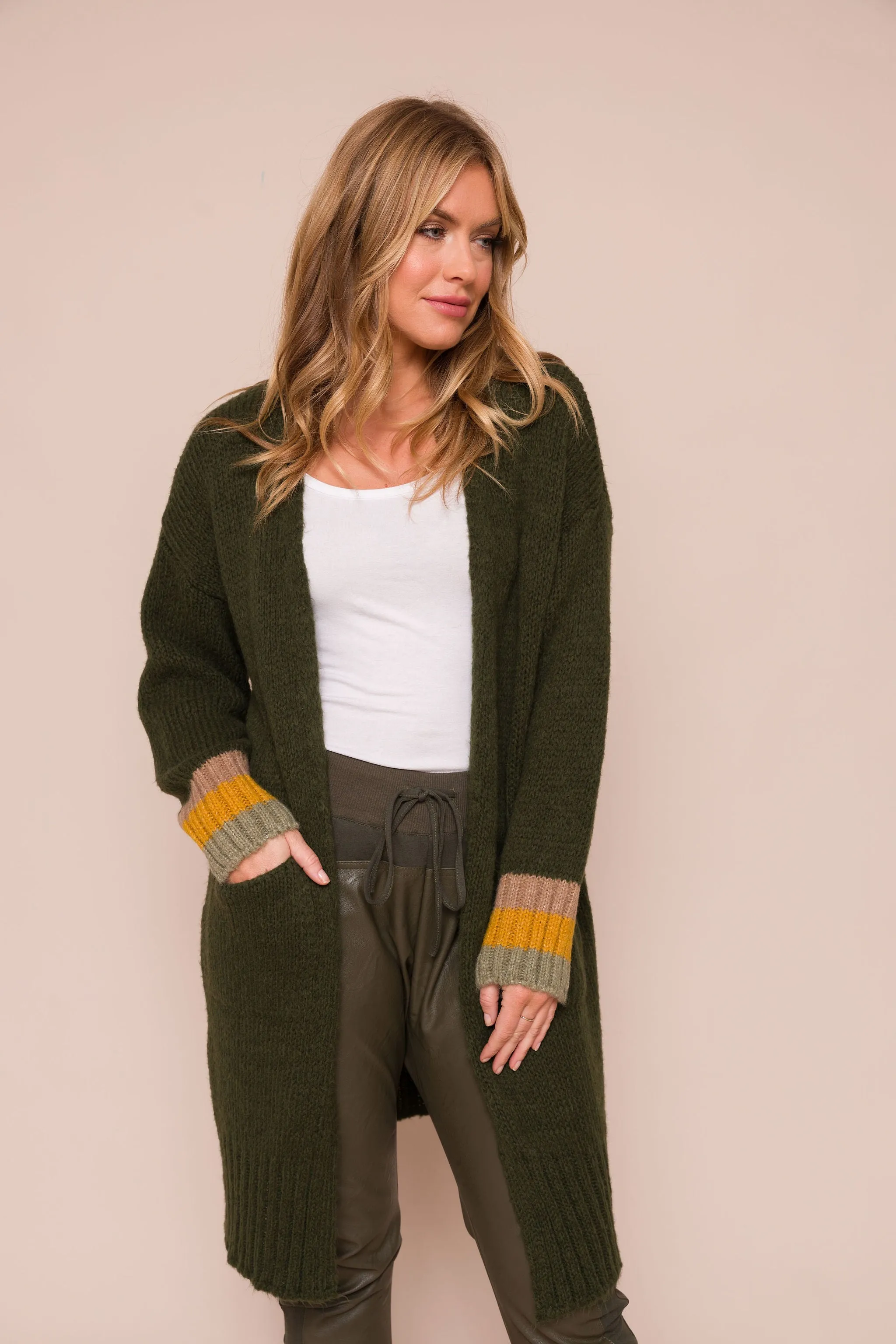Suzy D Hunter Long Knit Cardi with Stripe Sleeve - Olive