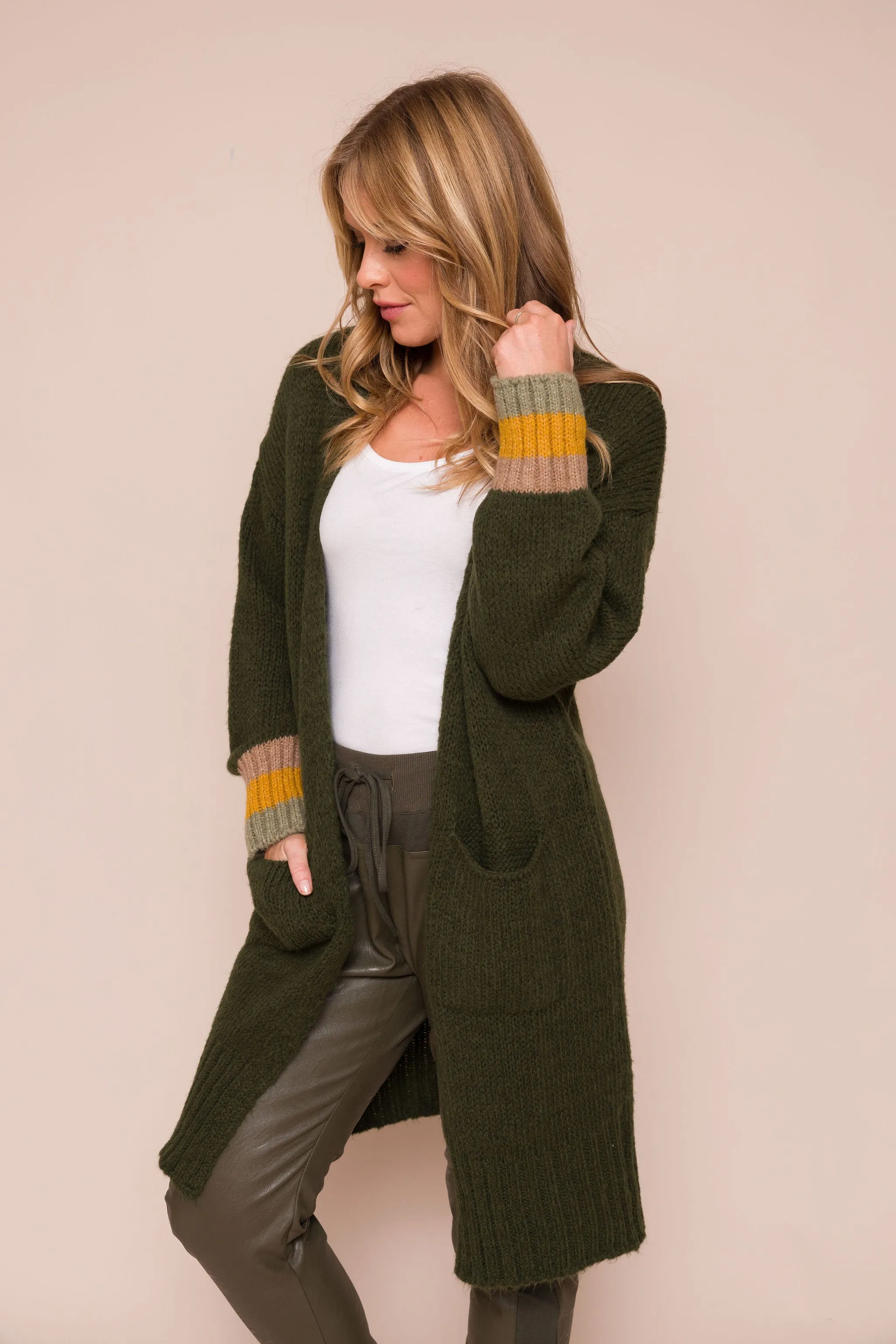 Suzy D Hunter Long Knit Cardi with Stripe Sleeve - Olive