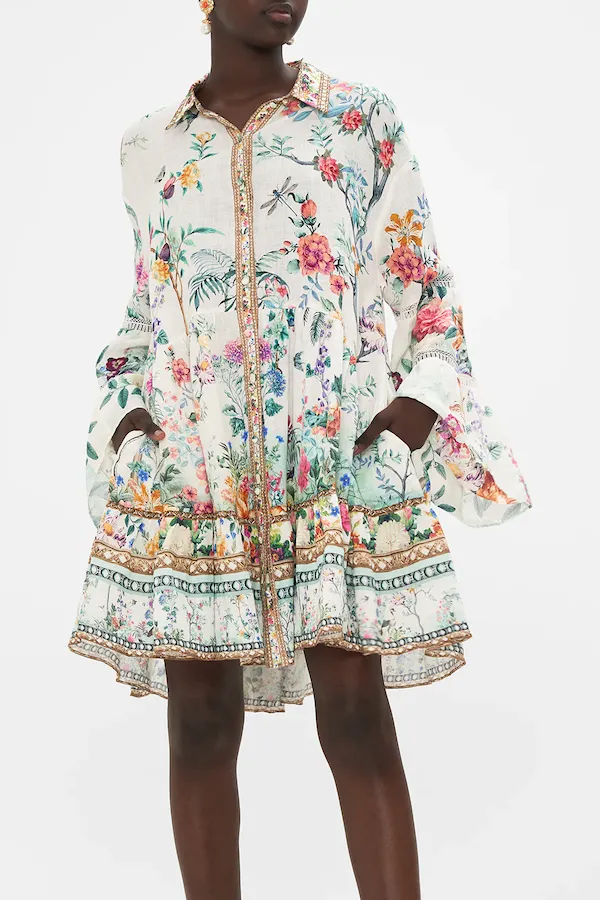 TIERED DRESS WITH LACE TRIM AT YOKE