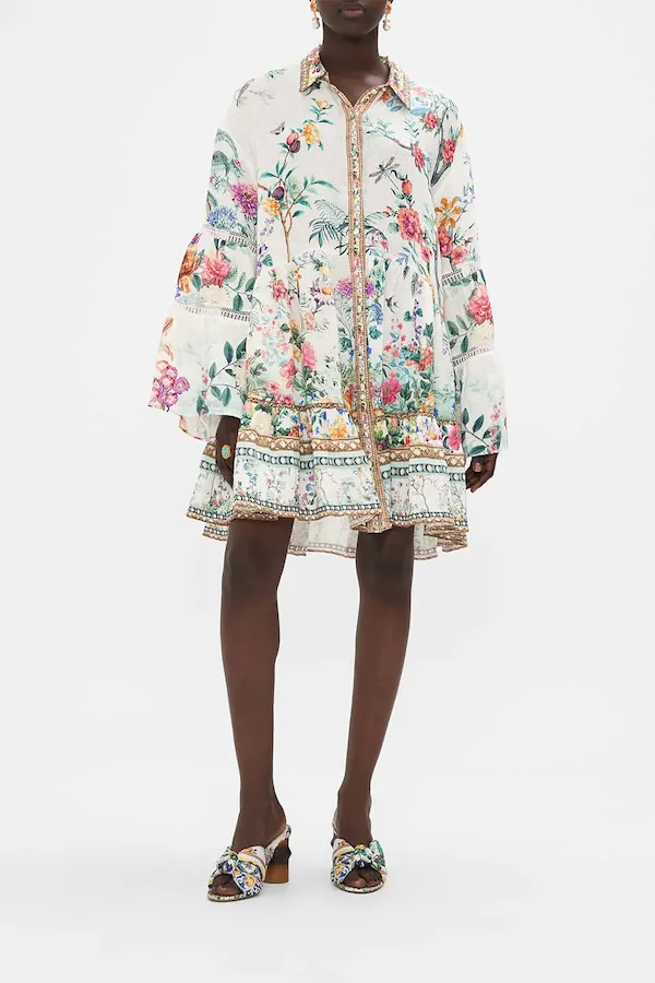 TIERED DRESS WITH LACE TRIM AT YOKE