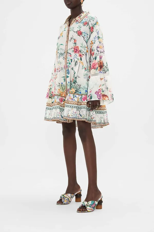 TIERED DRESS WITH LACE TRIM AT YOKE